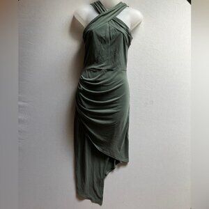 Workhall Sage Green Draped crisscross halter Ruched Asymmetrical Dress Sz S